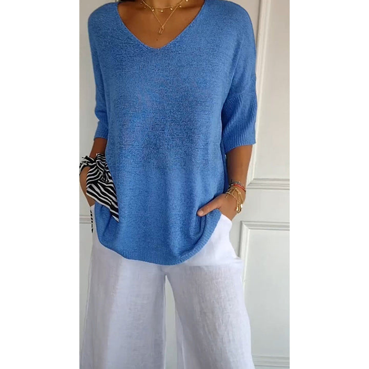 Damen nan locker sitzender V-Ausschnitt Feinstrickpullover mit dreiviertelÄrmeln Drune