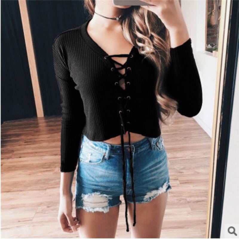 Damen Cropped Pullover mit Schnürung Drune