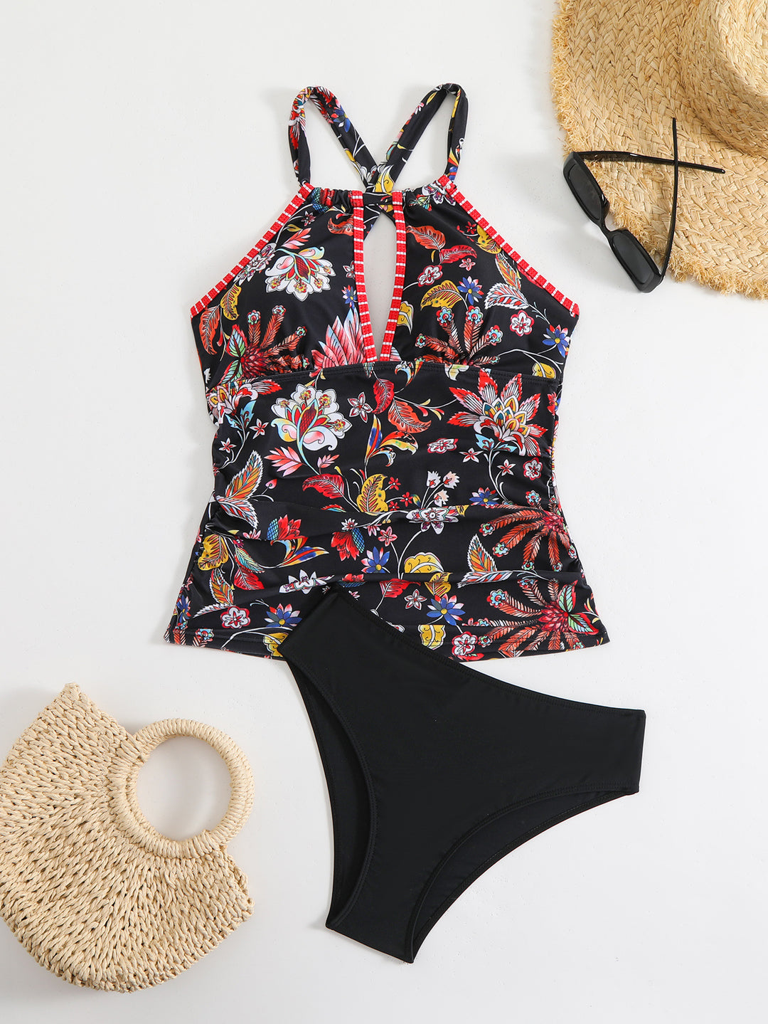 Damen Tankini-Set mit floralem Oberteil und hoch geschnittenen Höschen Drune