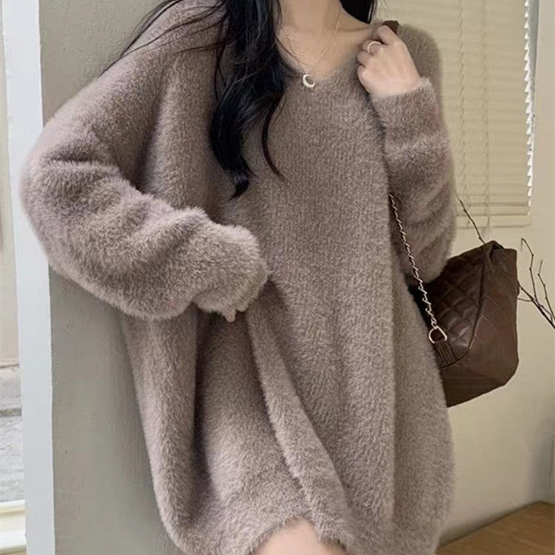 Damen flauschiges V-Ausschnitt Kleid mit langen Ärmeln Drune