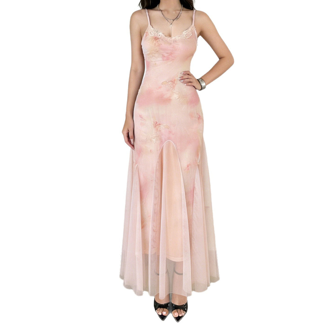 Damen elegantes Maxikleid aus transparenter Spitze und floralem Design Drune