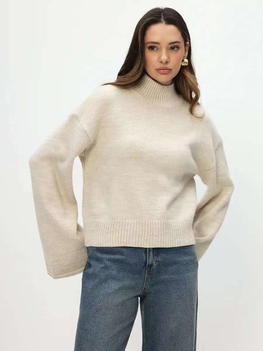 Damen modisches Oversized Strickpullover mit breiten Ärmeln und hochgeschlossenem Kragen Drune