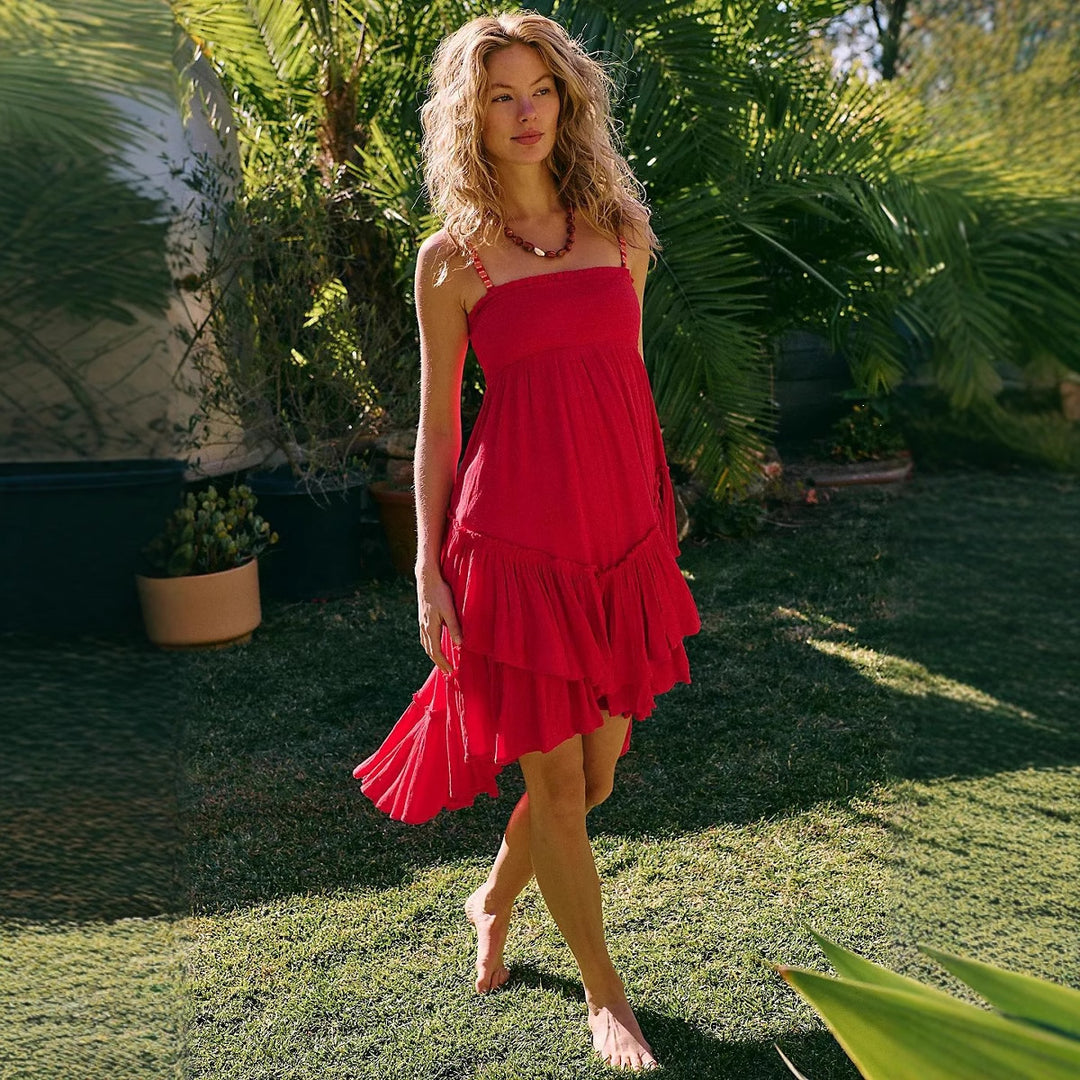 Damen fließendes Sommerkleid mit voluminösen Rüschen Drune