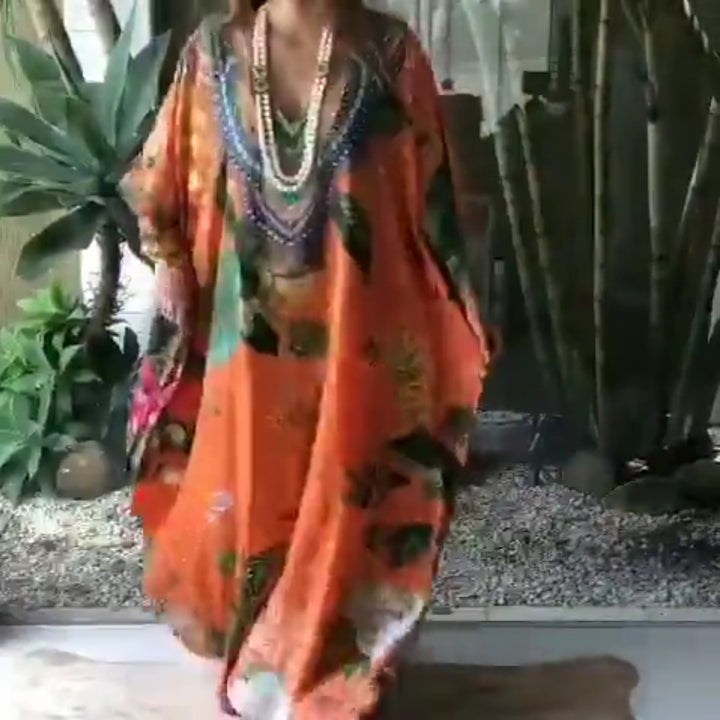 Damen Strandkaftan mit kunstvollem Blumenmuster und dekorativer Perlenverzierung Drune