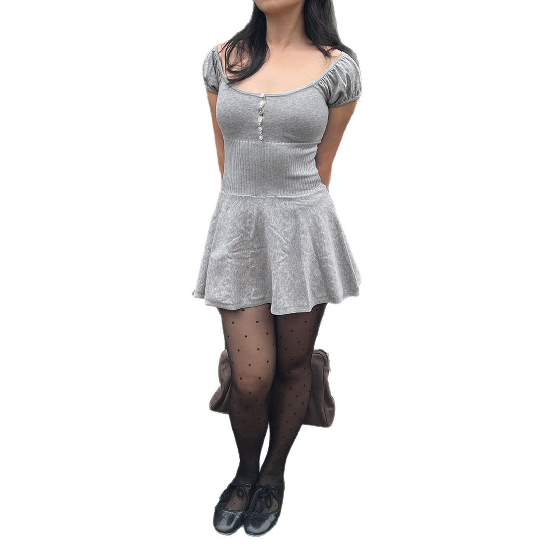 Damen elegantes Kleid mit Puffärmeln und Knopfleiste Drune