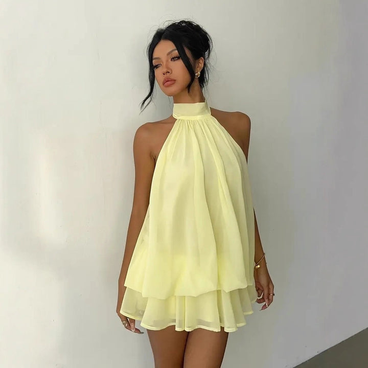 Damen elegantes Hochgeschlossenes Minikleid mit fließendem Stoff und verspieltem Volant Drune