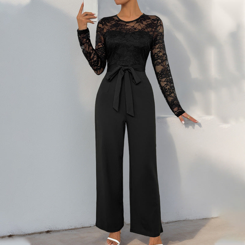 Damen eleganter Jumpsuit mit Spitzenoberteil und taillierbarem Gürtel Drune