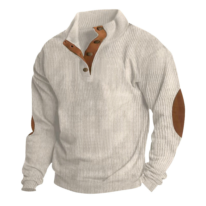 Herren nan gerippter Baumwollmix-Pullover mit Stehkragen, Knopfleiste und Lederoptik-Ellenbogenpatches Drune