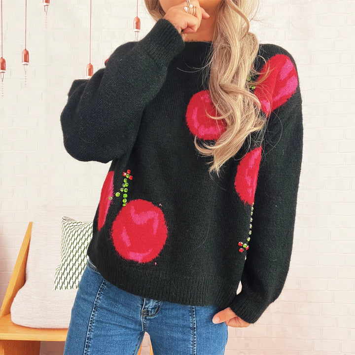 Damen kuscheliger Strickpullover mit floralen Applikationen und funkelnden Akzenten Drune