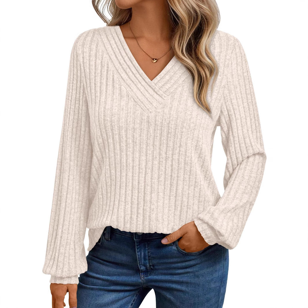 Damen gemütliches Langarmshirt mit strukturiertem V-Ausschnitt Drune