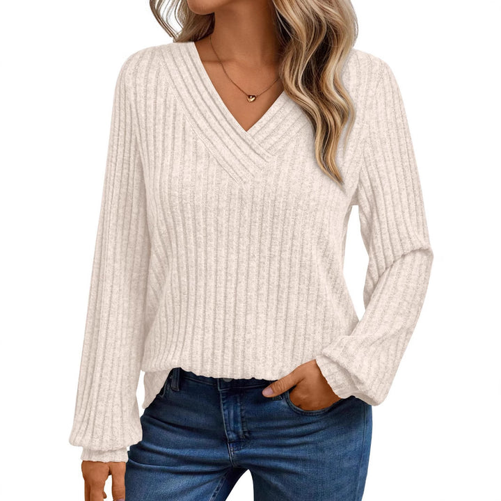 Damen gemütliches Langarmshirt mit strukturiertem V-Ausschnitt Drune
