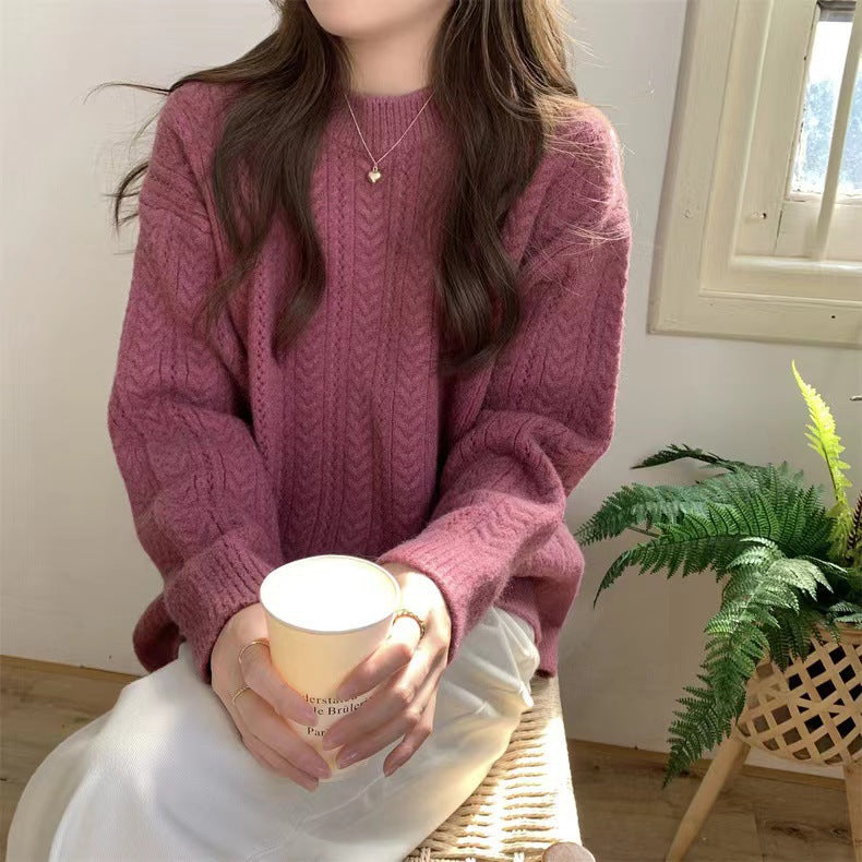 Damen Grobstrickpullover mit modernem Zopfmuster und hohem Rundhalsausschnitt Drune