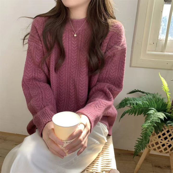 Damen Grobstrickpullover mit modernem Zopfmuster und hohem Rundhalsausschnitt Drune