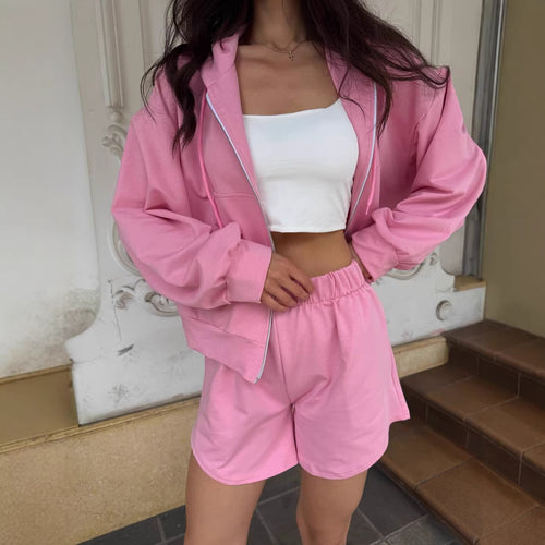 Damen lässiges Sport-Set mit kapuze und kurzer Hose Drune