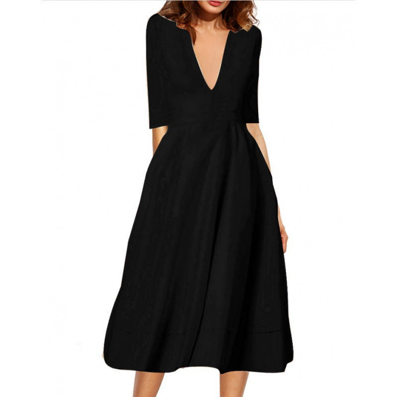 Damen Maxikleid mit tiefem V-Ausschnitt und schwingendem Rock Drune