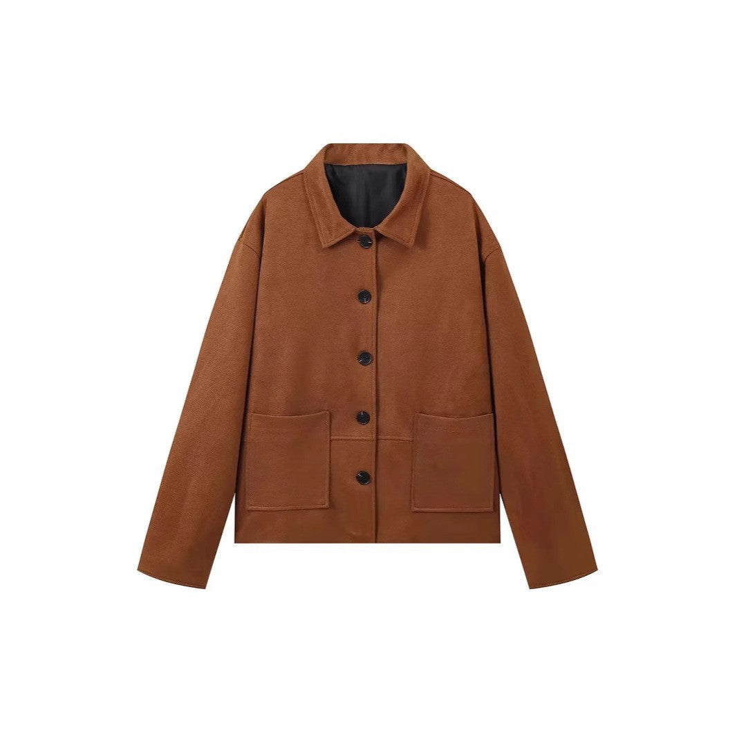 Damen oversized Suedejacke mit aufgesetzten Taschen und hochwertiger Knopfleiste Drune
