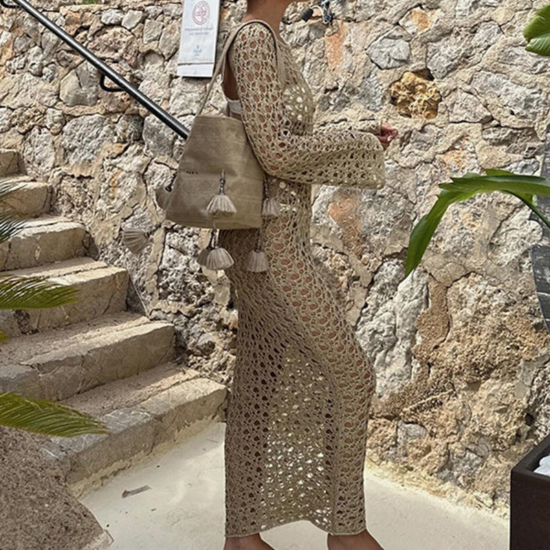 Damen Elegantes Häkel-Maxikleid mit weitem Schnitt und feinen Details Drune