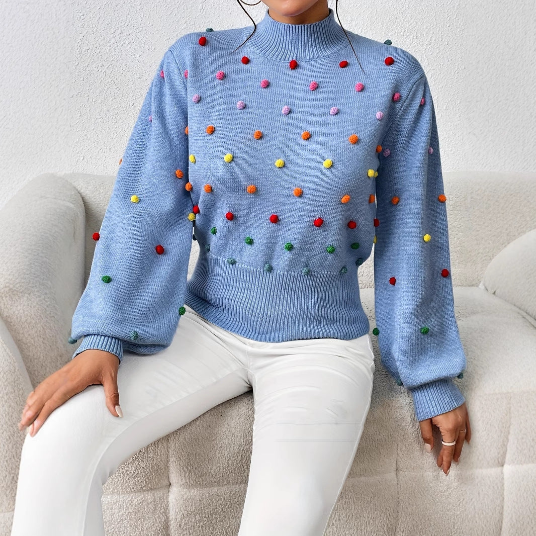 Damen modischer Pullover mit bunten Quasten und Stehkragen Drune