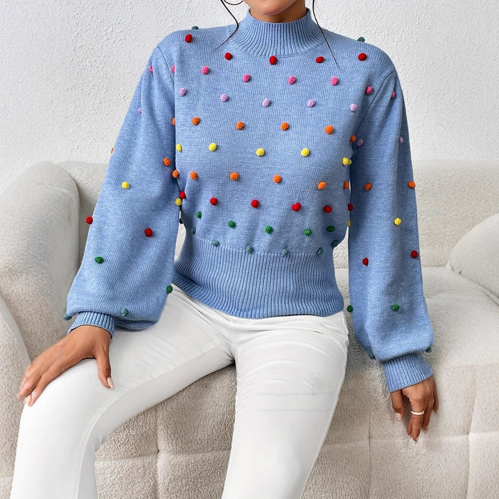 Damen modischer Pullover mit bunten Quasten und Stehkragen Drune