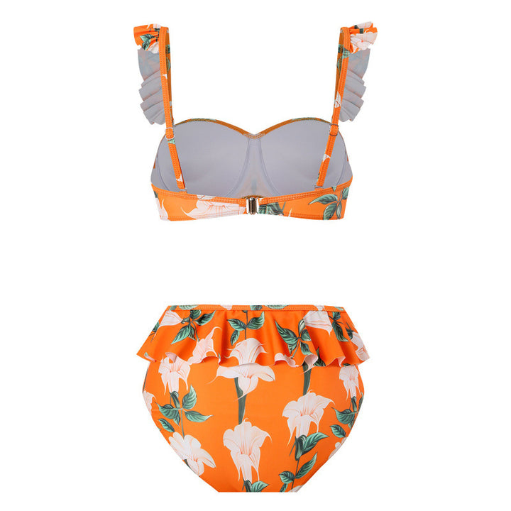 Damen Bikini-Set mit floralem Rüschendesign und elegantem Wickelrock Drune