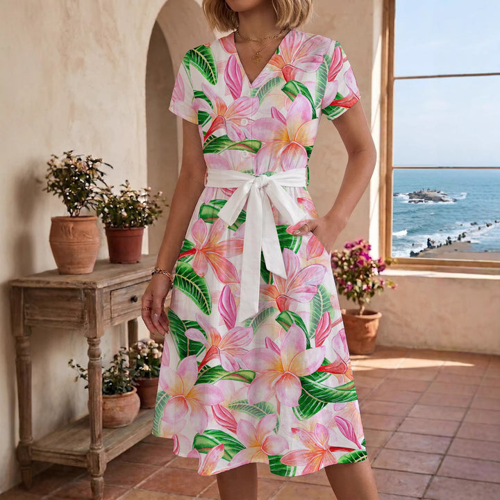Damen Midikleid mit farbenfrohem Blumendesign und taillierbarem Bindegürtel Drune