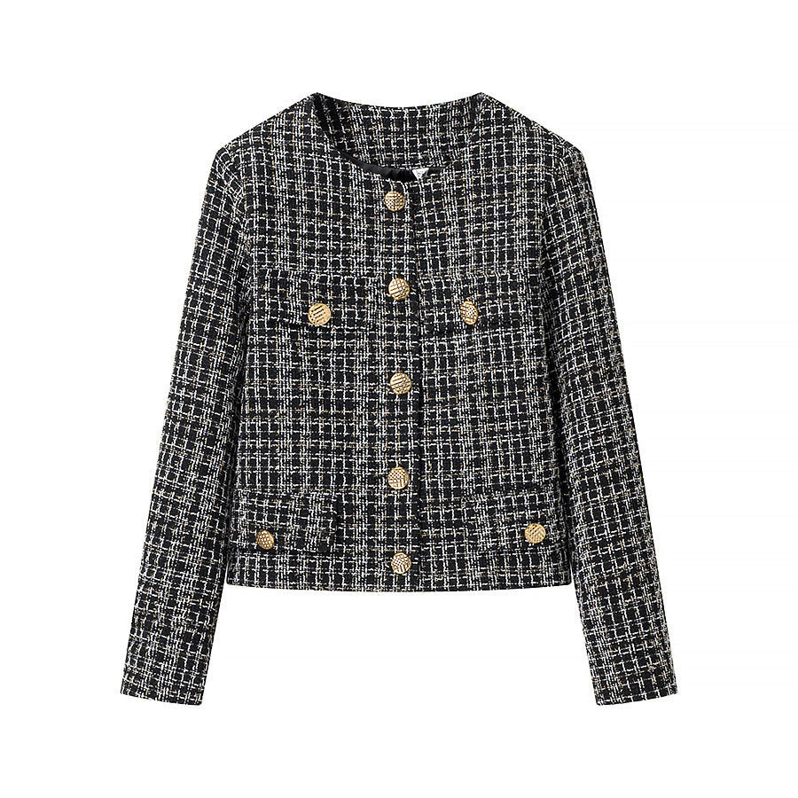 Damen elegante Tweed-Jacke mit goldenen Knöpfen Drune