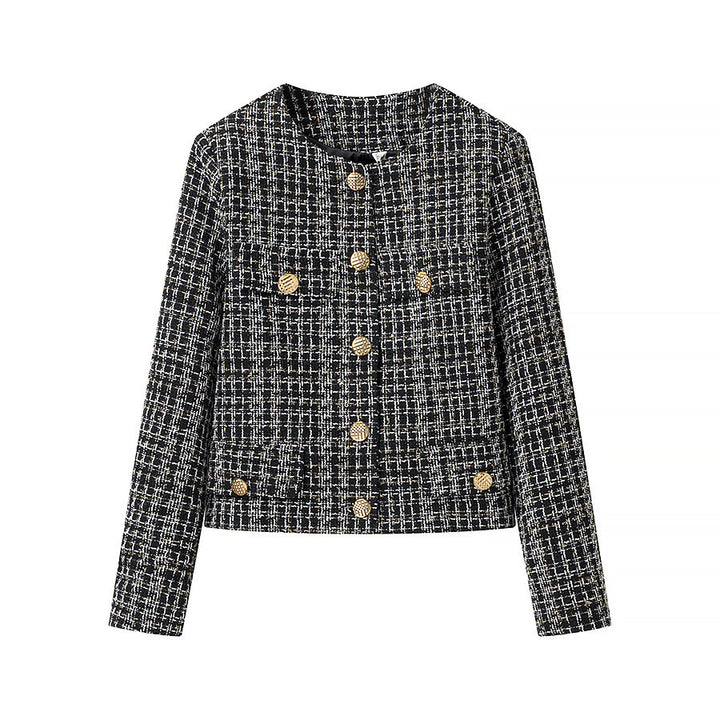 Damen elegante Tweed-Jacke mit goldenen Knöpfen Drune