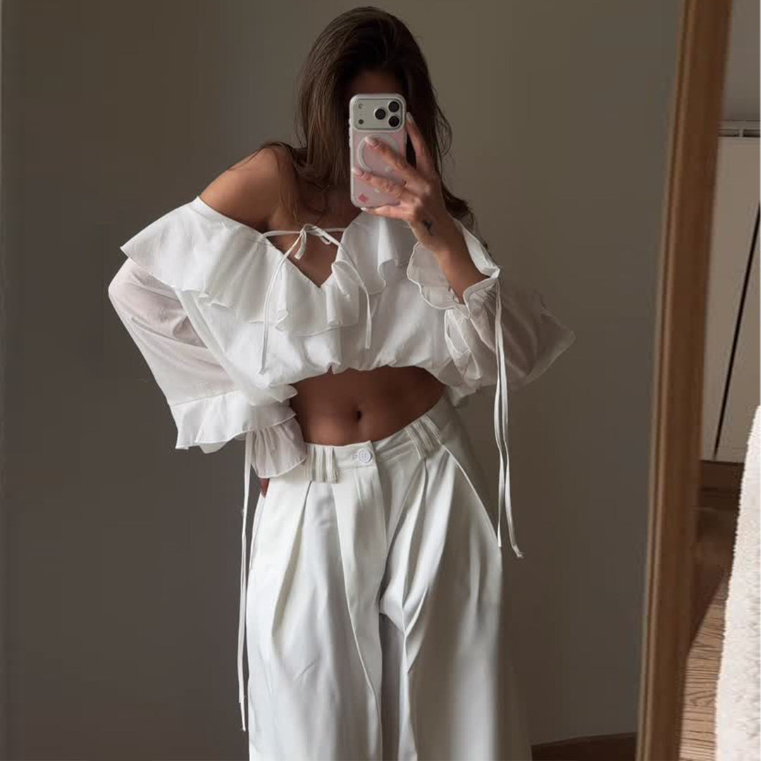 Damen Bluse mit voluminösen Rüschendetails und Kapitänsärmeln Drune