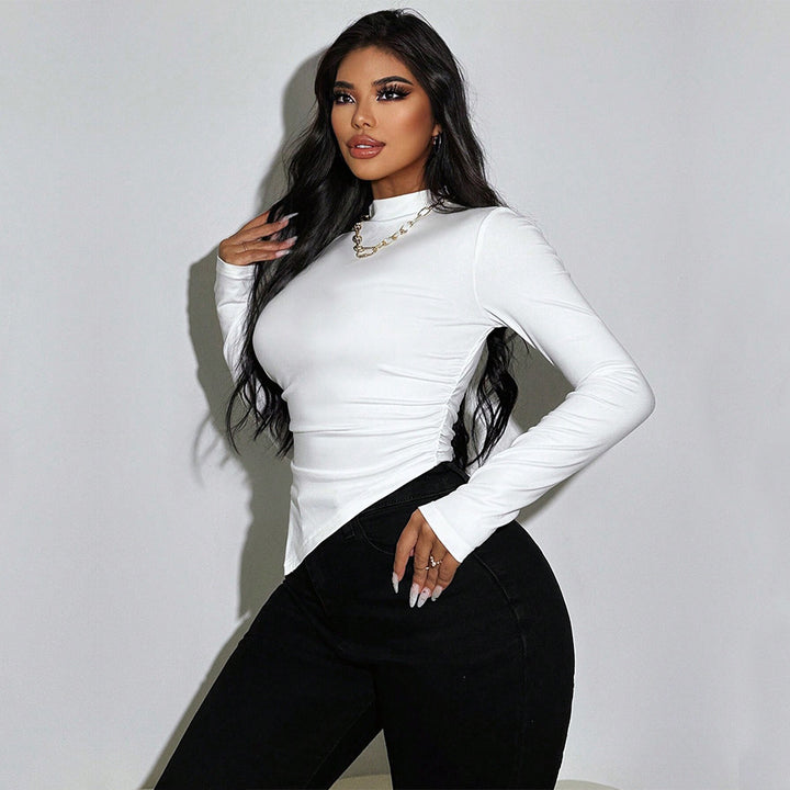 Damen Langarm-Top mit asymmetrischem Saum und eleganter Raffung Drune