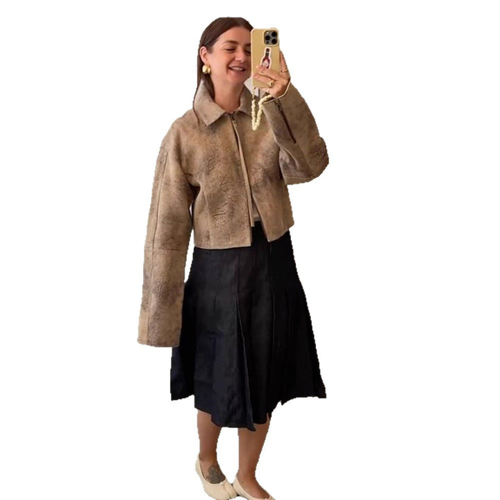Damen modische Wildlederjacke mit voluminösen Ärmel Drune