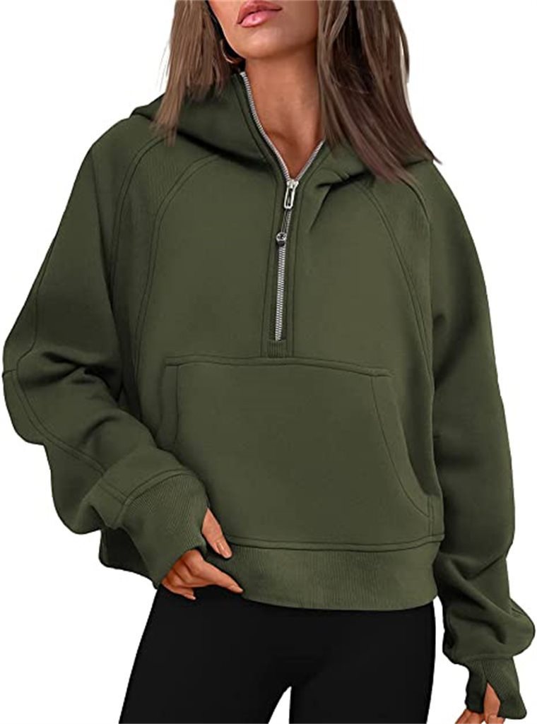 Damen Kapuzenpullover mit halbem Reißverschluss und praktischer Kängurutasche Drune