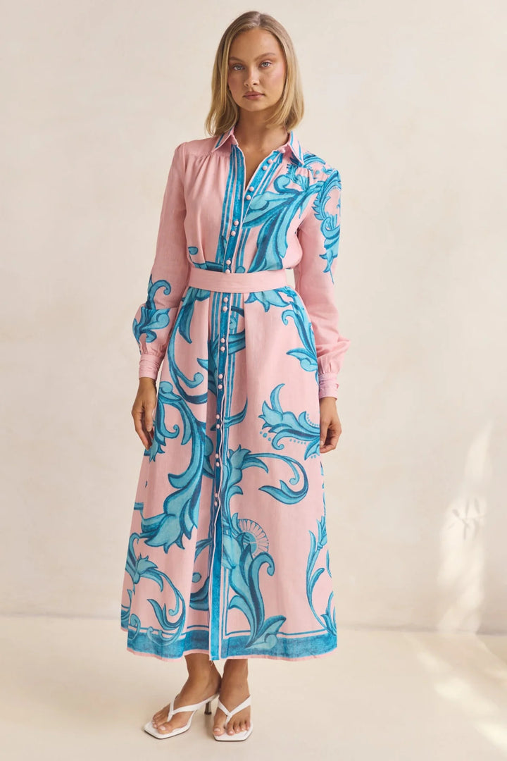 Damen Langarmhemdkleid mit floralen Akzenten und Taillengürtel Drune