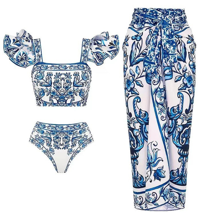Damen Bikini-Set mit verspieltem Puffärmel und elegantem Wickelrock Drune