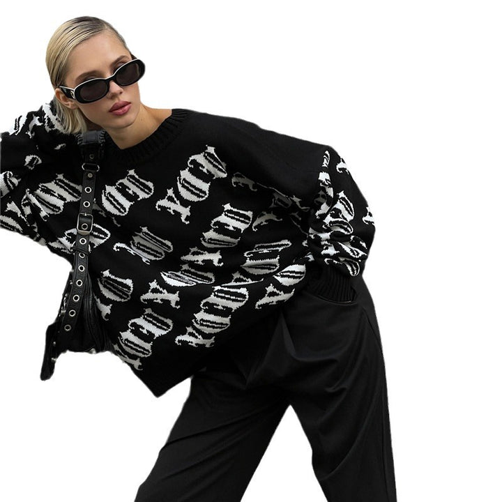 Damen lässiger Strickpullover mit modernem Schriftzug und weitem Schnitt Drune