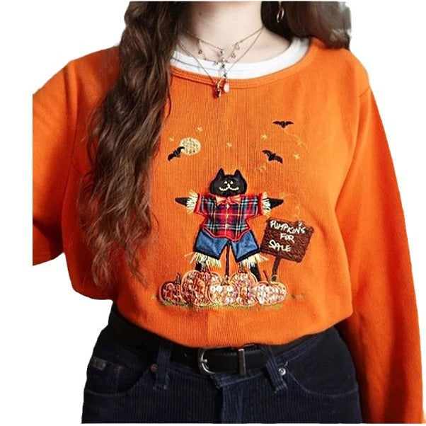 Damen lässiger Halloween-Pullover mit buntem Katzenmotiv und Stickereien Drune
