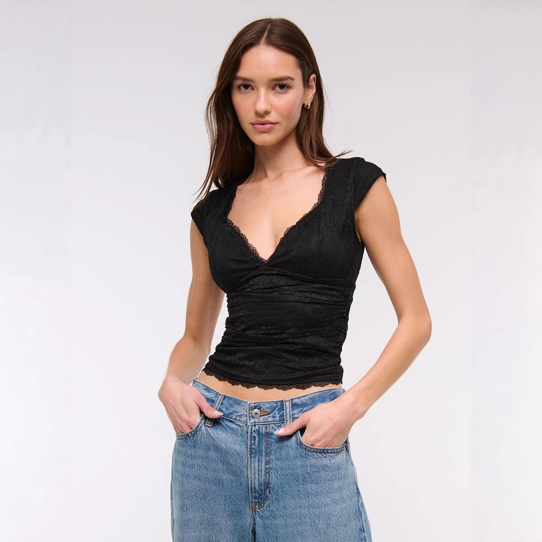 Damen Spitzen-Oberteil mit elegantem V-Ausschnitt und Rüschendetails Drune