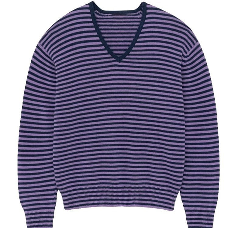 Damen gestreifter V-Ausschnitt Pullover Drune