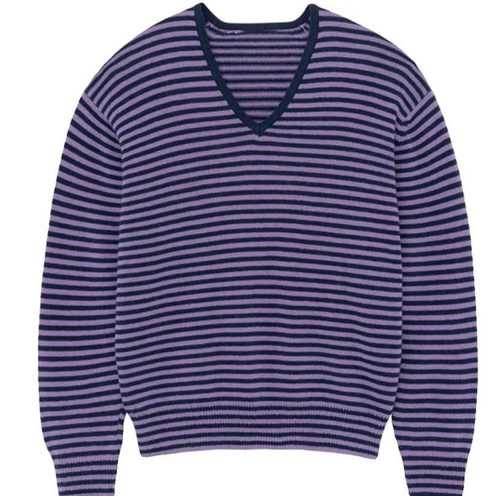 Damen gestreifter V-Ausschnitt Pullover Drune