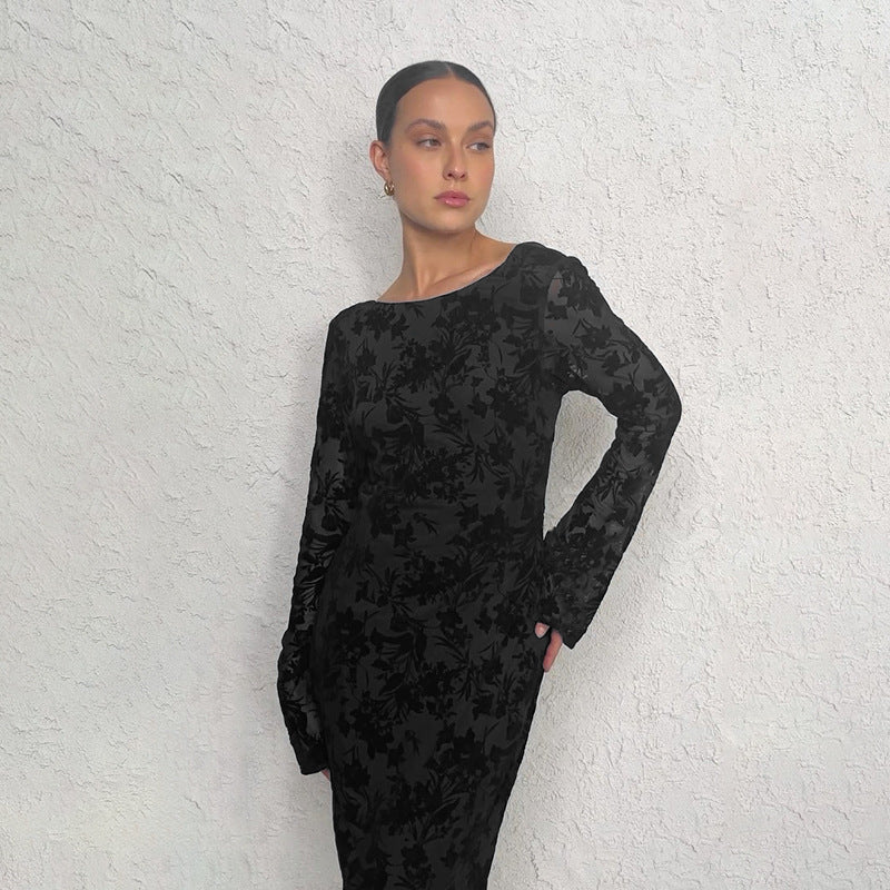 Damen Elegantes Langarmkleid mit floralen Mustern und figurbetonter Silhouette Drune