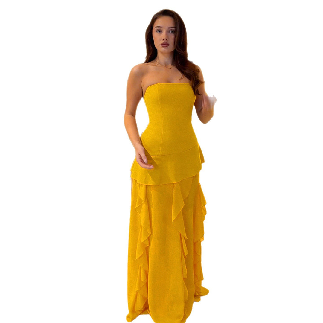 Damen fließendes Maxikleid mit Rüschen und Volant Drune