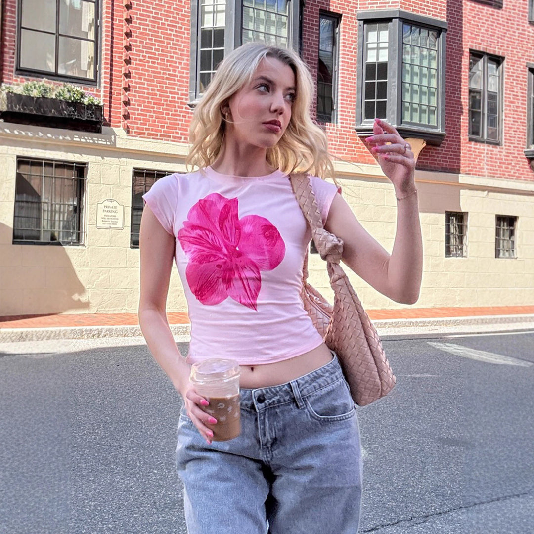 Damen T-Shirt mit floralem Druck und figurbetontem Schnitt Drune