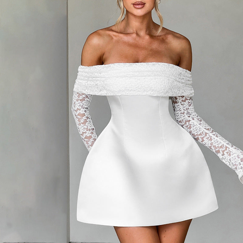 Damen Offshoulder Minikleid mit Spitzenärmeln und taillierter Silhouette Drune