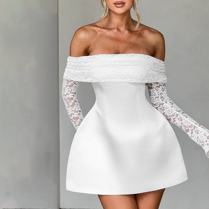 Damen Offshoulder Minikleid mit Spitzenärmeln und taillierter Silhouette Drune