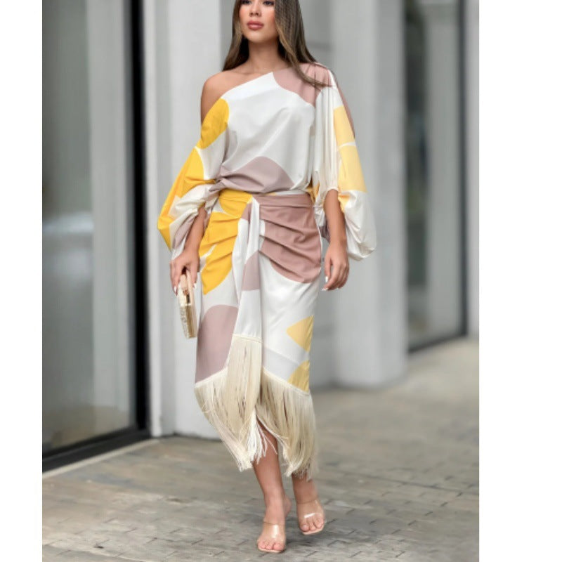 Damen nan schulterfreies drapiertes Midikleid mit geraffter Wickel-Taille und Fransensaum Drune
