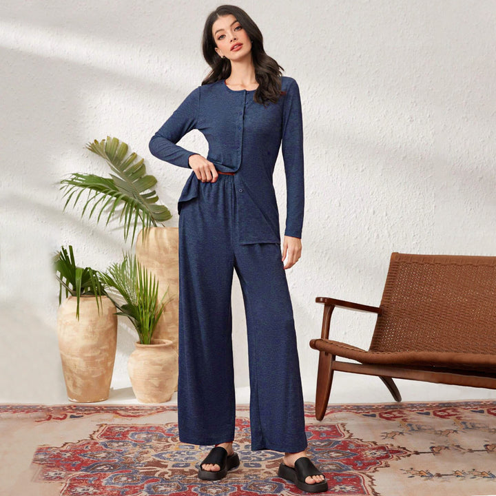 Damen komfortabler Loungeanzug mit langärmeliger Jacke und weiten Hosen Drune