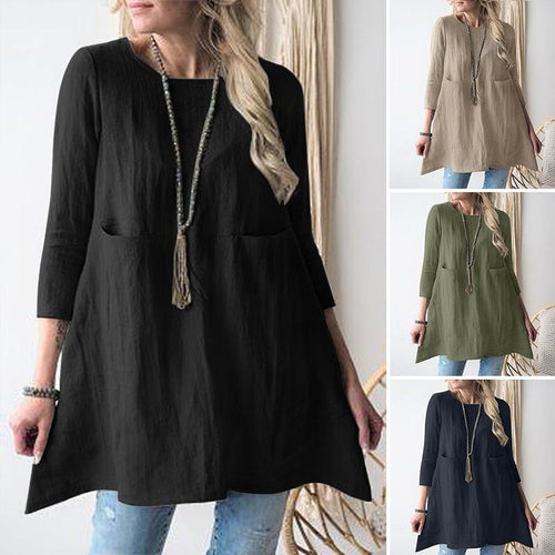 Damen lässiges Tunika-Shirt mit seitlichen Taschen und 3/4 Ärmeln Drune