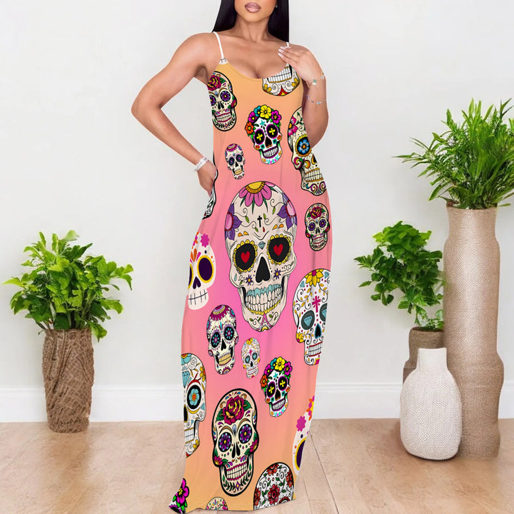 Damen Maxikleid mit künstlerischem Halloween-Motiv und umwerfendem Rosenprint Drune