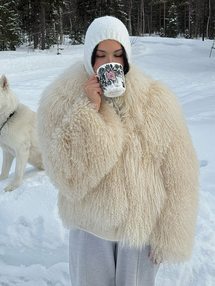 Damen luxuriöse Kunstfelljacke mit voluminösen Ärmeln Drune