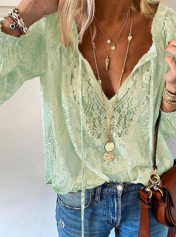 Damen Elegante und feminine Bluse mit V-Ausschnitt und Spitzenakzenten Drune