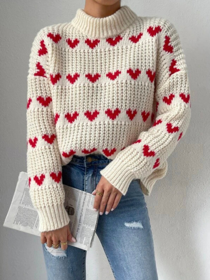 Damen Grobstrickpullover mit Herzmuster und Rollkragen Drune